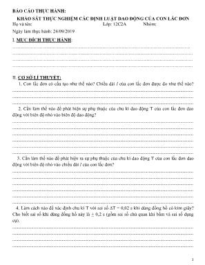 Báo cáo thực hành Vật lý Lớp 12 Khảo sát thực nghiệm các định luật dao động của con lắc đơn